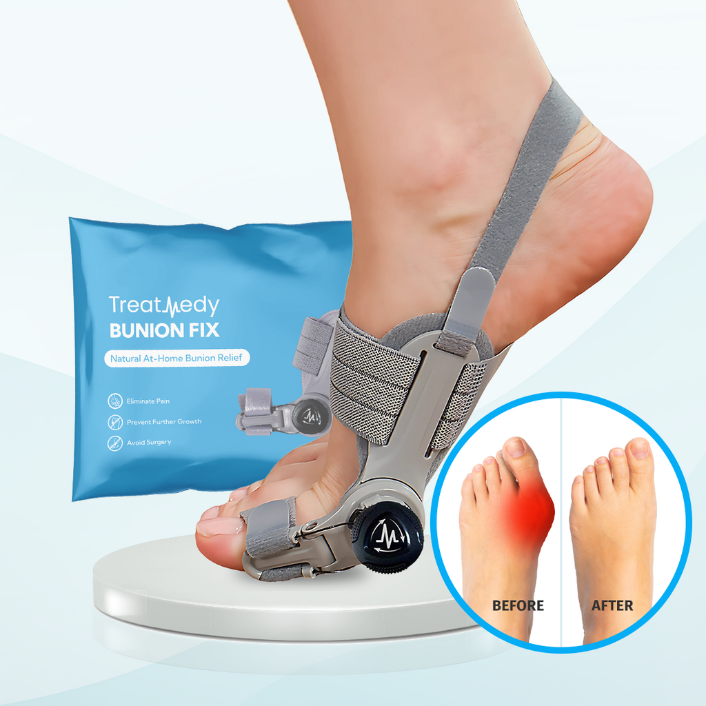 Bunion corrector on a foot with before and after illustration.