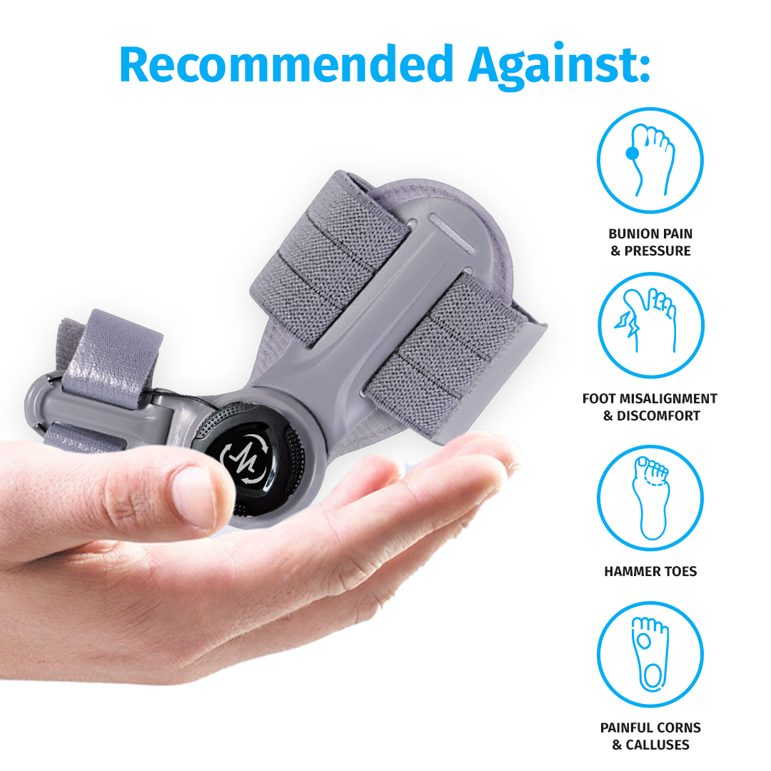 bunion corrector device held in hand showing conditions it treats
