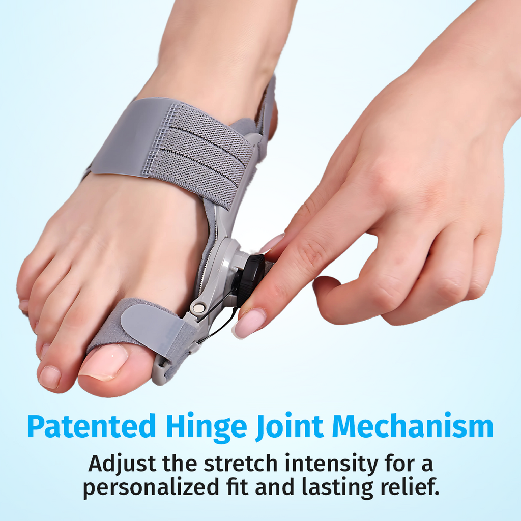 patented hinge joint mechanism on bunion corrector for adjustable pressure