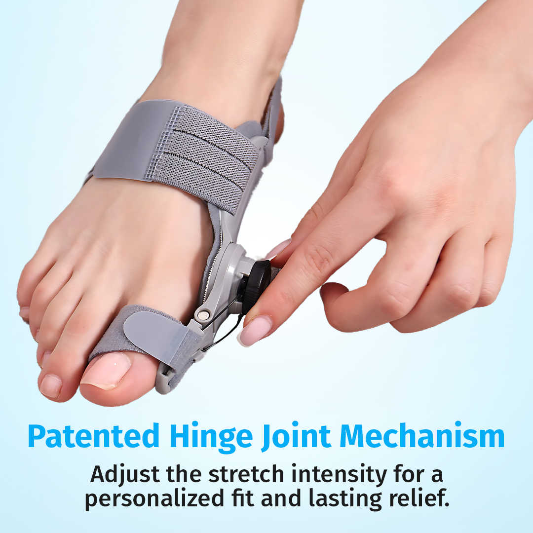 patented hinge joint mechanism on bunion corrector for adjustable pressure